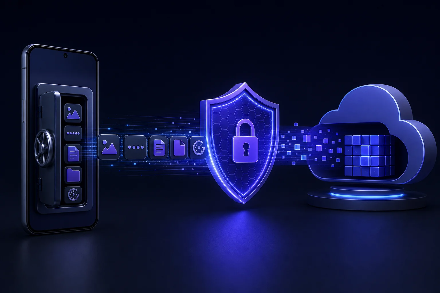 Encrypted Safe Vault data moving from an Android phone through a security shield to optional cloud backup