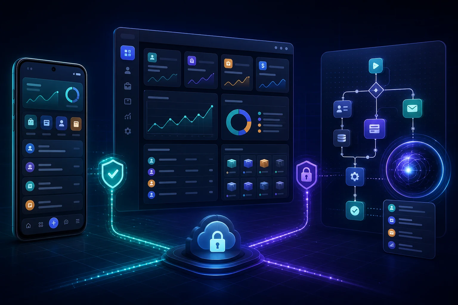 Secure mobile app, CRM dashboard and AI automation workflow connected as one business system