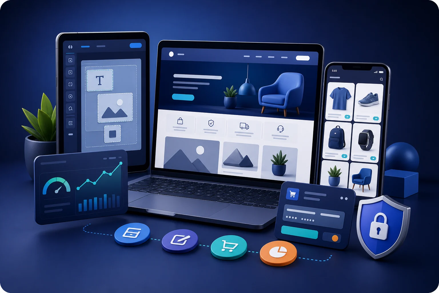 Responsive ecommerce website across desktop, tablet and mobile with secure checkout and analytics
